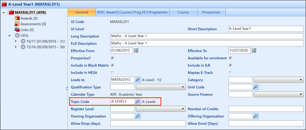 Topic Code field